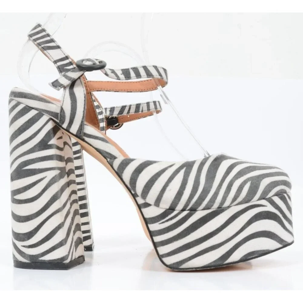 NastyGal Zebra Print Platform Mary Jane Heels UK 5 US 7 Safari Coquette Rave